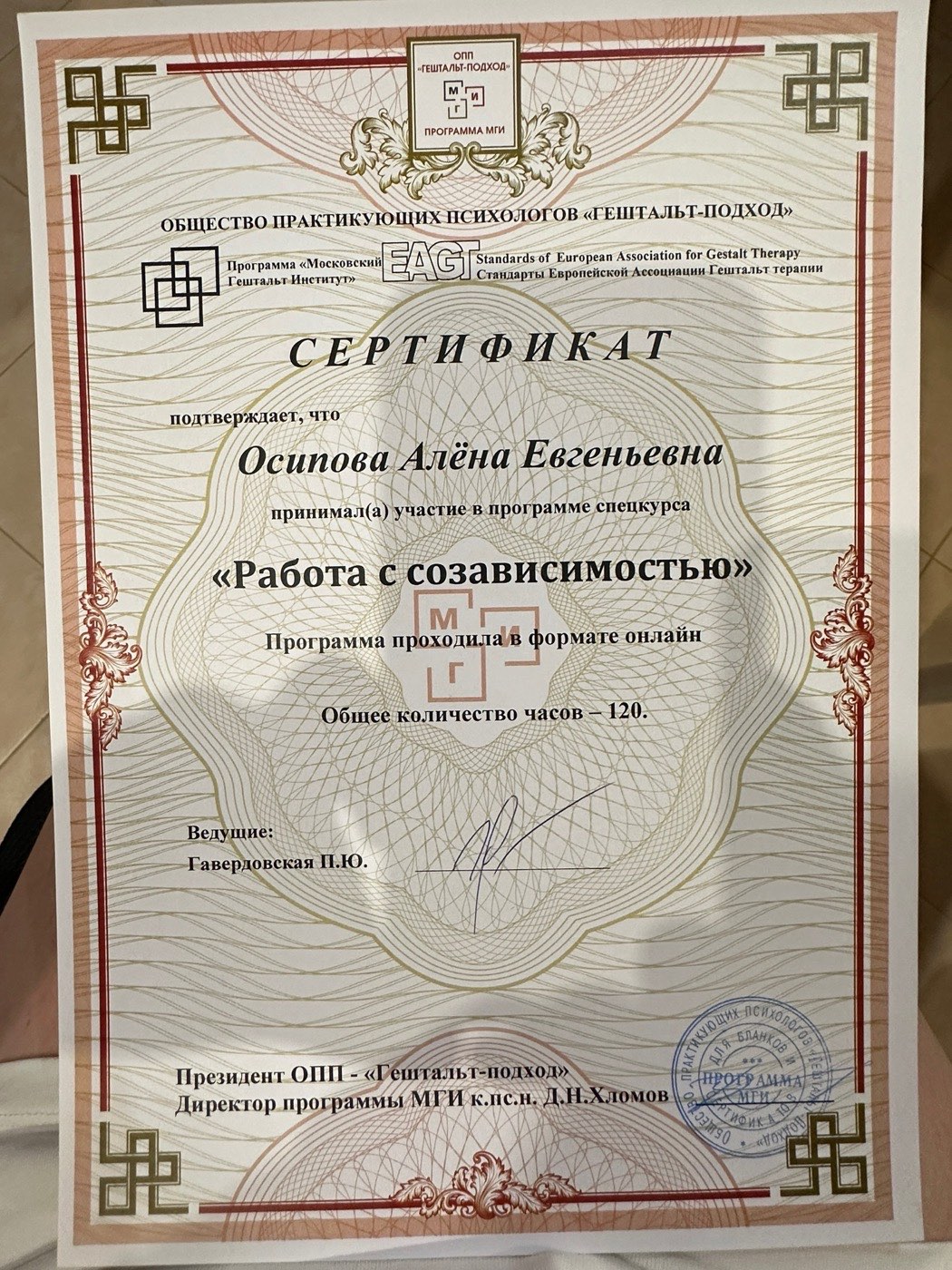Сертификат МГИ — Работа с созависимостью